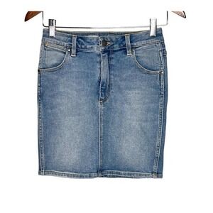 Wrangler hi mini blue denim jean skirt zipper button pockets women size 8